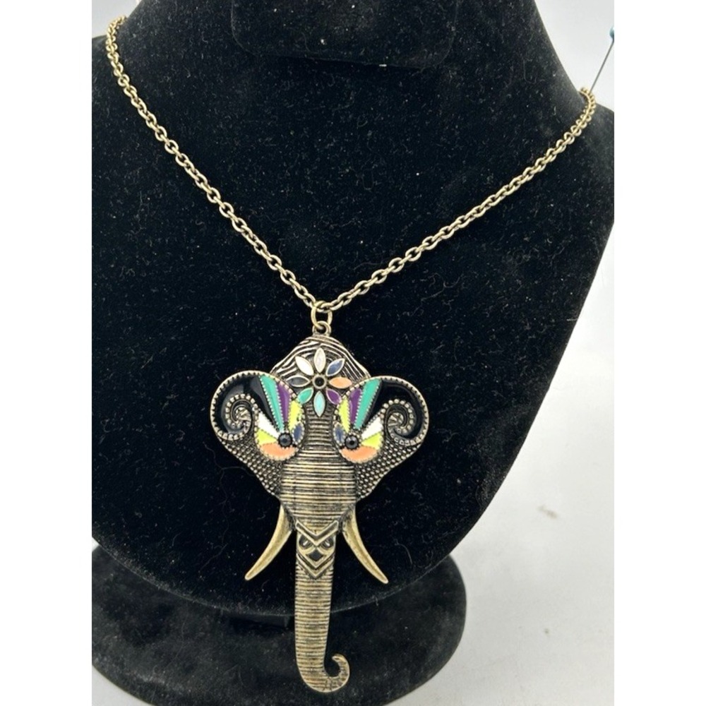 Elephant Head  Enamel Pendant Necklace VTG Brass Style Cloisonne Multi Color 22"